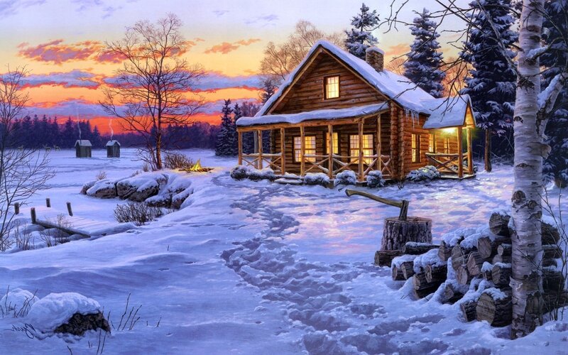 Log Cabin in Winter — White, Serene, Sunset, Digital Art