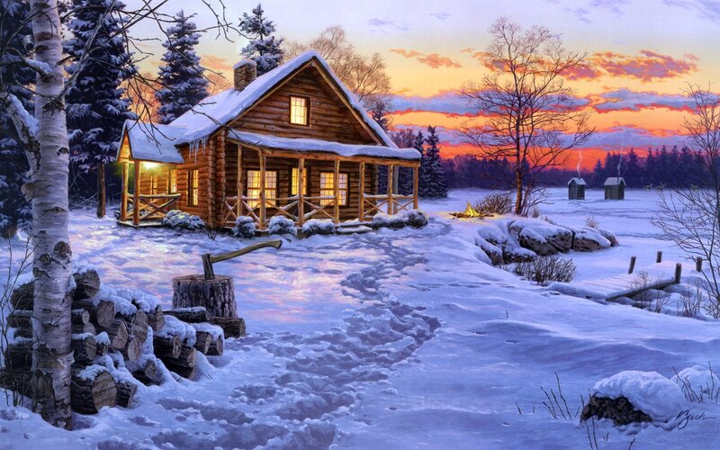 Log Cabin in Winter — White, Serene, Sunset, Painting