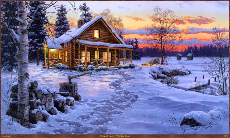 Log Cabin in Winter — White, Serene, Sunset
