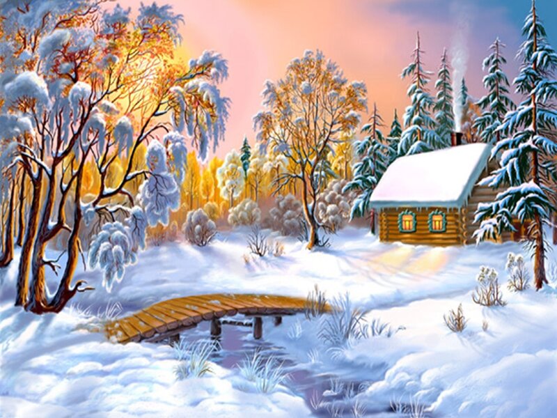 Log Cabin in Winter — White, Serene