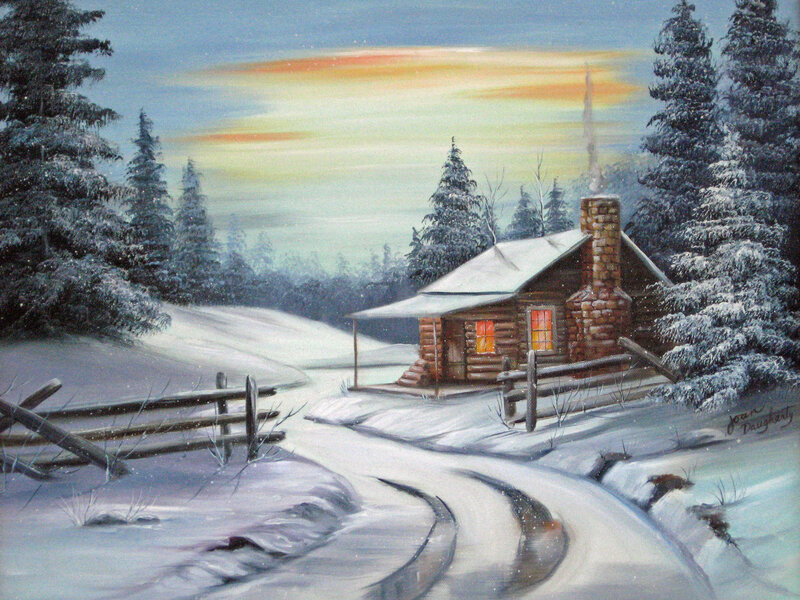 Log Cabin in Winter — White