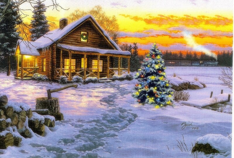 Log Cabin in Winter — Yellow, Peaceful