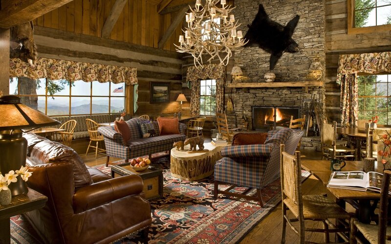 Log Cabin Living Room — Brown, Cozy, Afternoon, Photograph