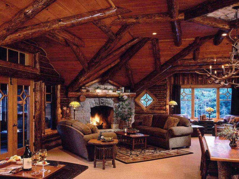 Log Cabin Living Room — Brown, Cozy, Night, Photograph, Fireplace