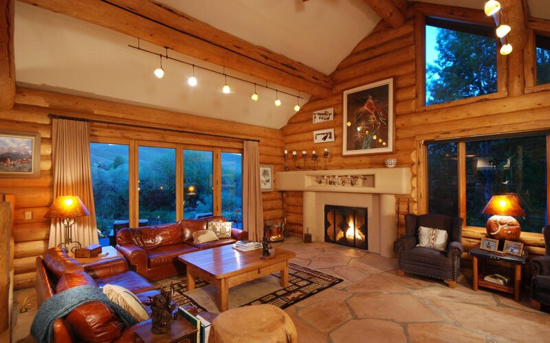 Log Cabin Living Room — Brown, Cozy, Night, Photograph
