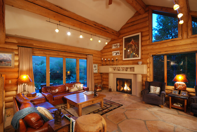 Log Cabin Living Room — Brown, Cozy, Night