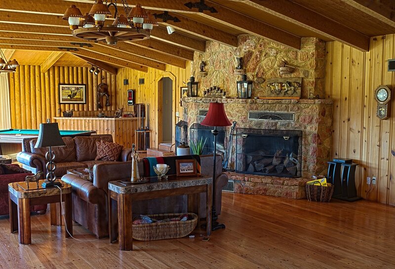 Log Cabin Living Room — Brown, Cozy, Photograph, Fireplace, Pool Table