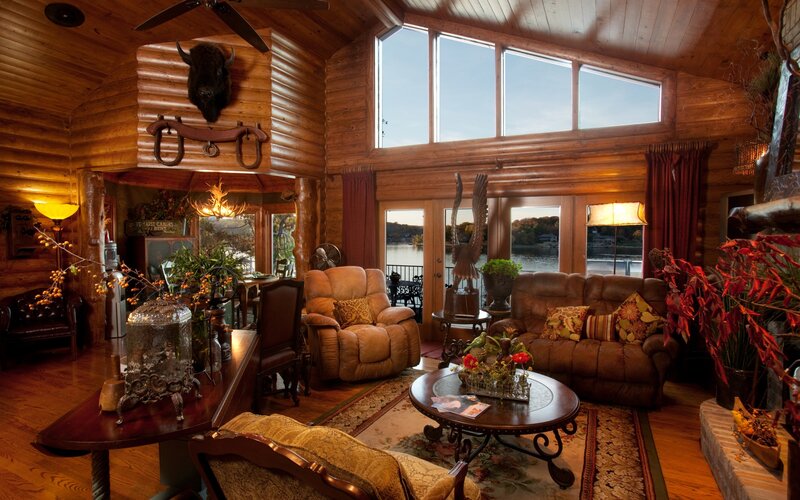 Log Cabin Living Room — Brown, Cozy, Sunset