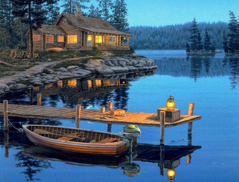 Log Cabin on Lake — Blue, Serene