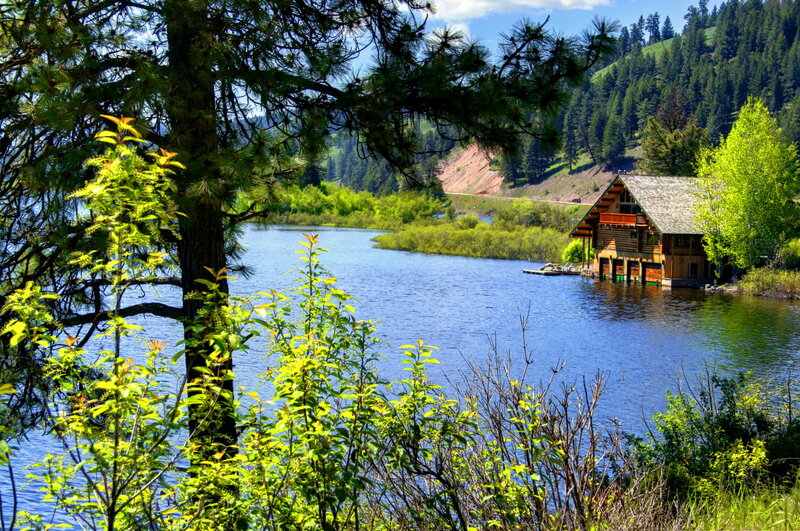 Log Cabin on Lake — Blue