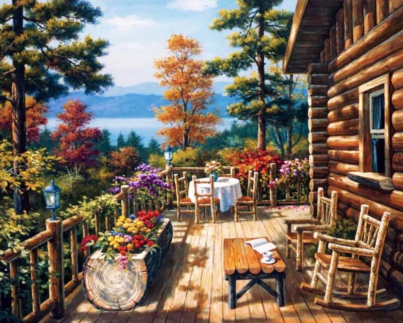 Log Cabin Porch — Brown, Serene, Afternoon