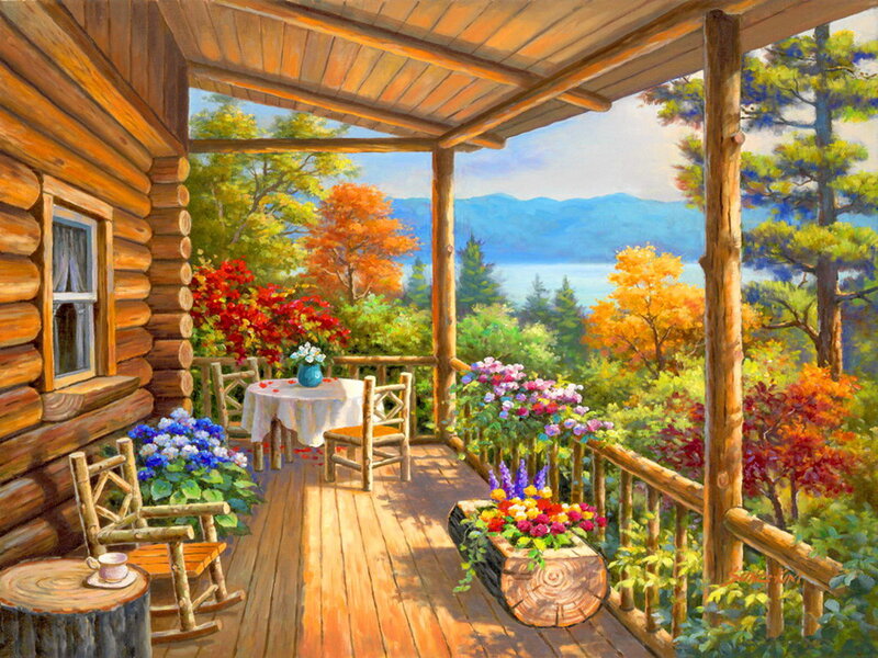 Log Cabin Porch — Brown, Serene, Autumn
