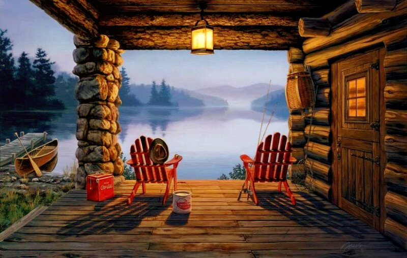 Log Cabin Porch — Brown, Serene, Morning, Painting, Chairs