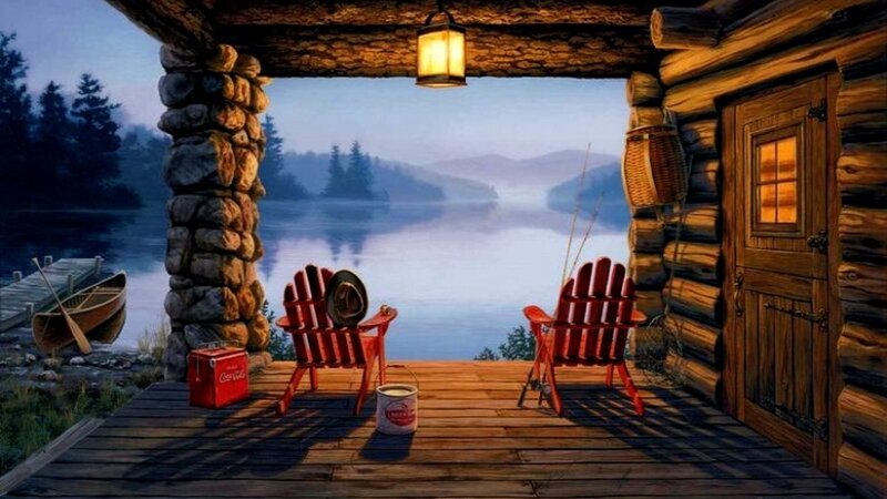 Log Cabin Porch — Brown, Serene, Morning, Painting