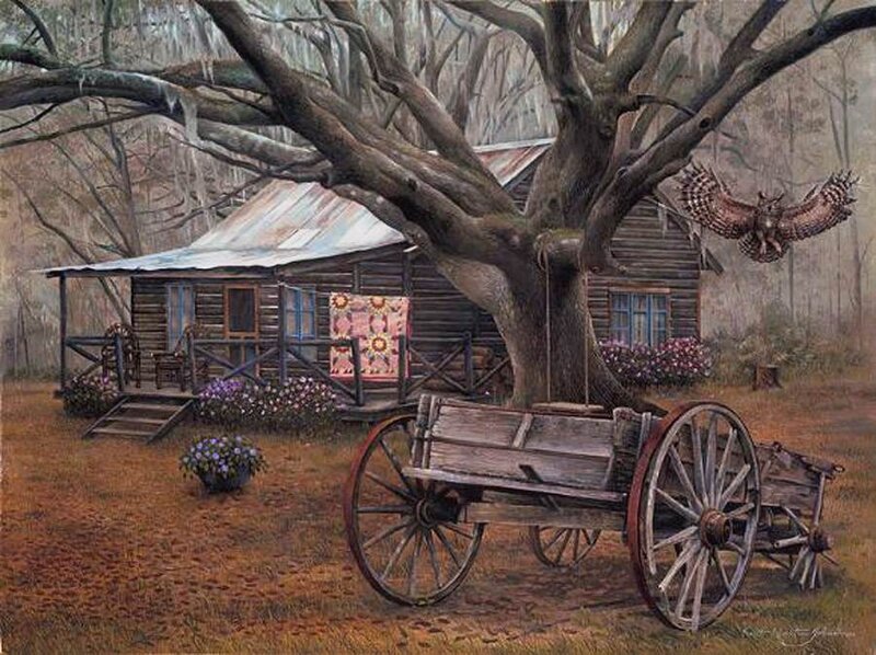 Log Cabin with Wagon