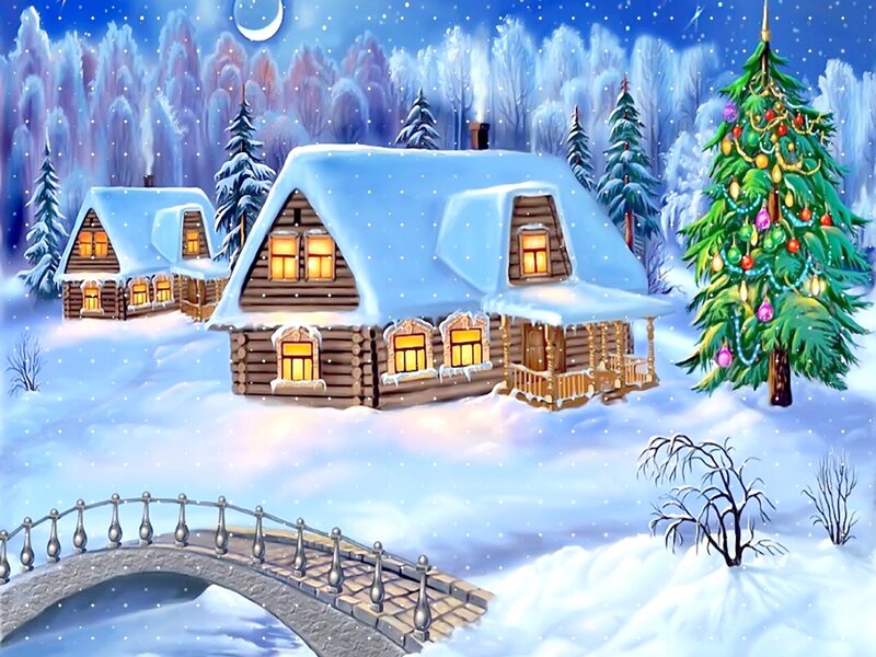 Log Cabins in Snow — Blue, Peaceful