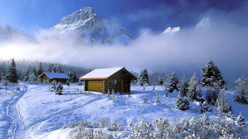 Log Cabins in Snow — Blue, Serene