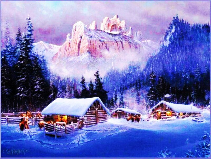 Log Cabins in Snow — Blue, Serene, Winter