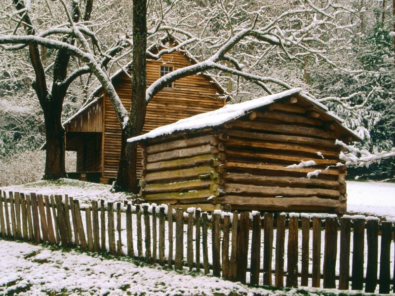 Log Cabins in Snow — Brown