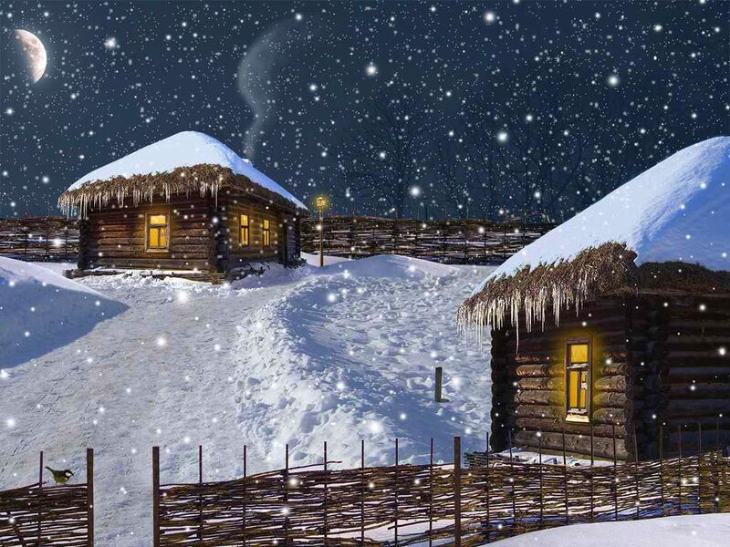 Log Cabins in Snow — White, Serene, Night