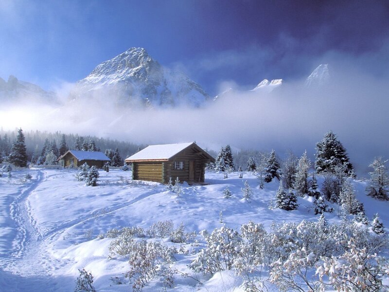 Log Cabins in Snow — White, Serene