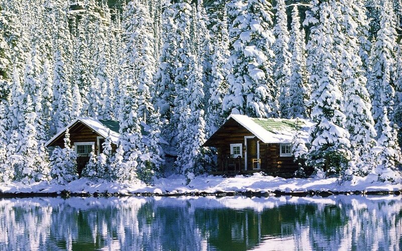 Log Cabins in Snow — White, Serene, Winter, Photograph