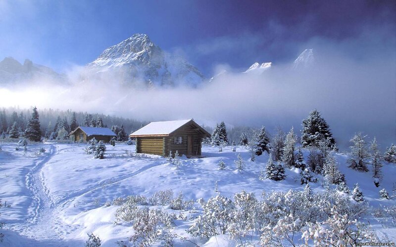 Log Cabins in Snow — White