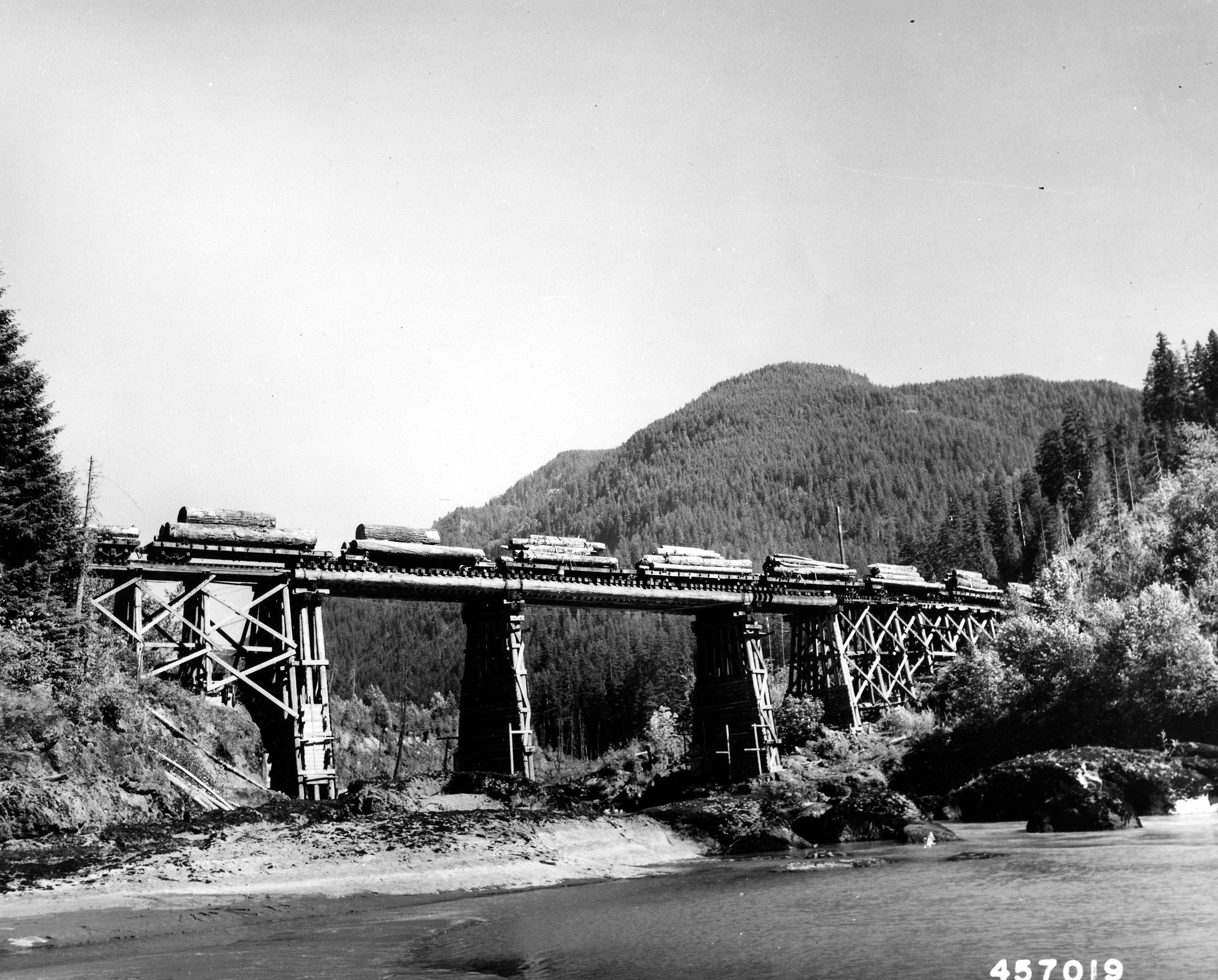 Log train on trestle bridge