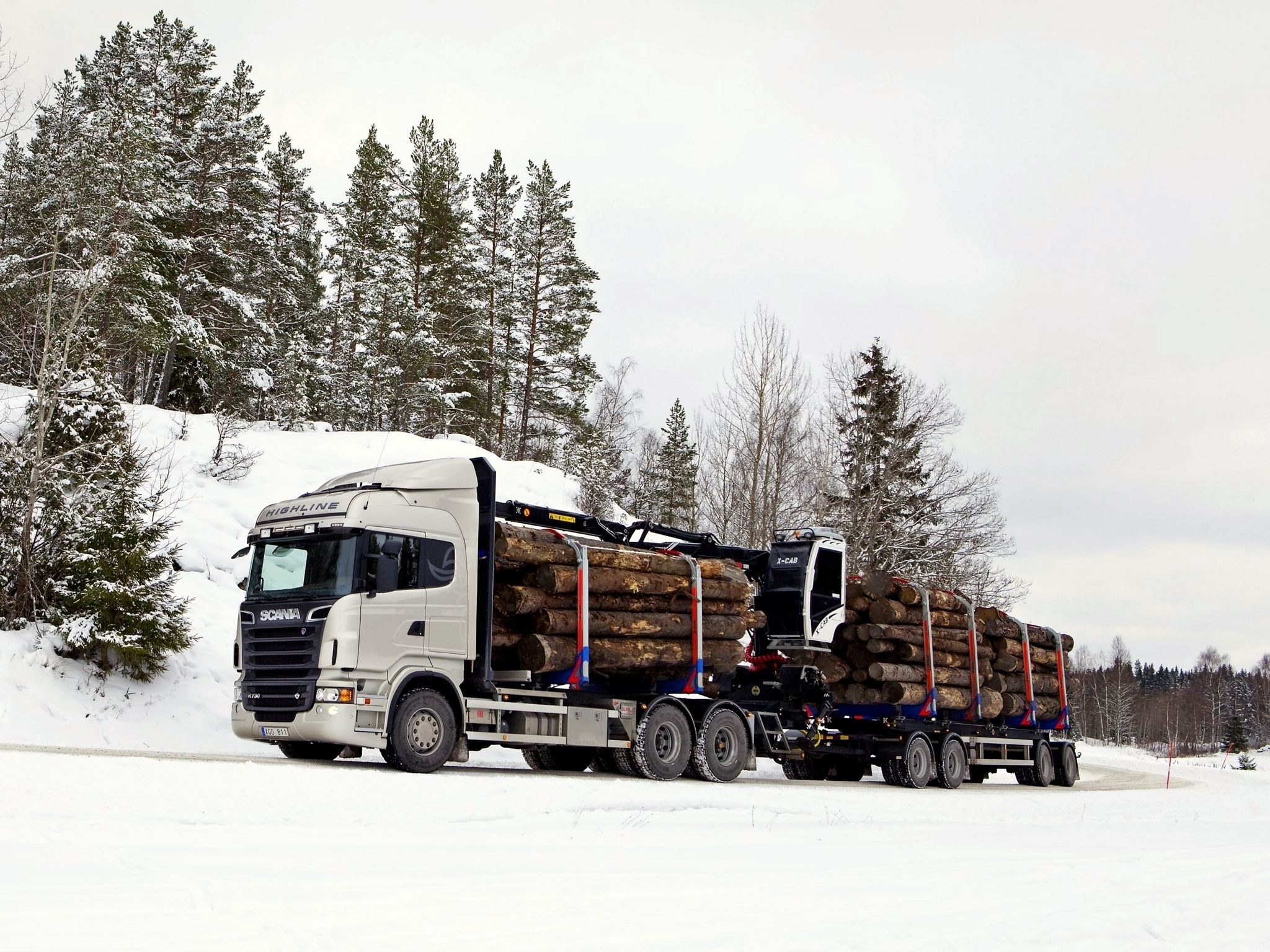 Logging truck in snowy forest