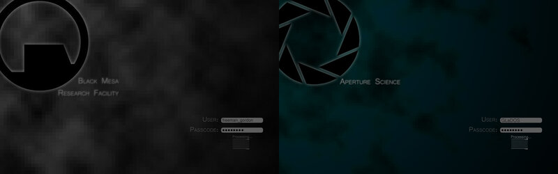 Login screens for Black Mesa and Aperture Science