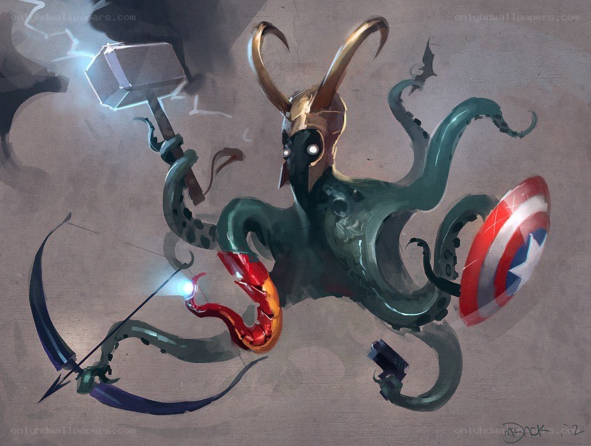 Loki as an octopus with hero weapons
