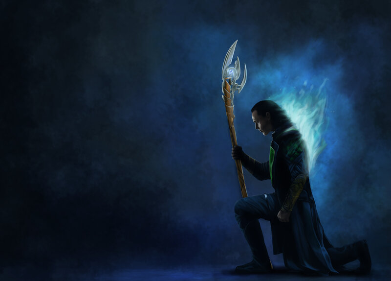 Loki kneeling with staff