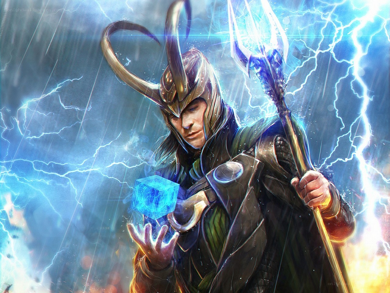 Loki with staff and cube