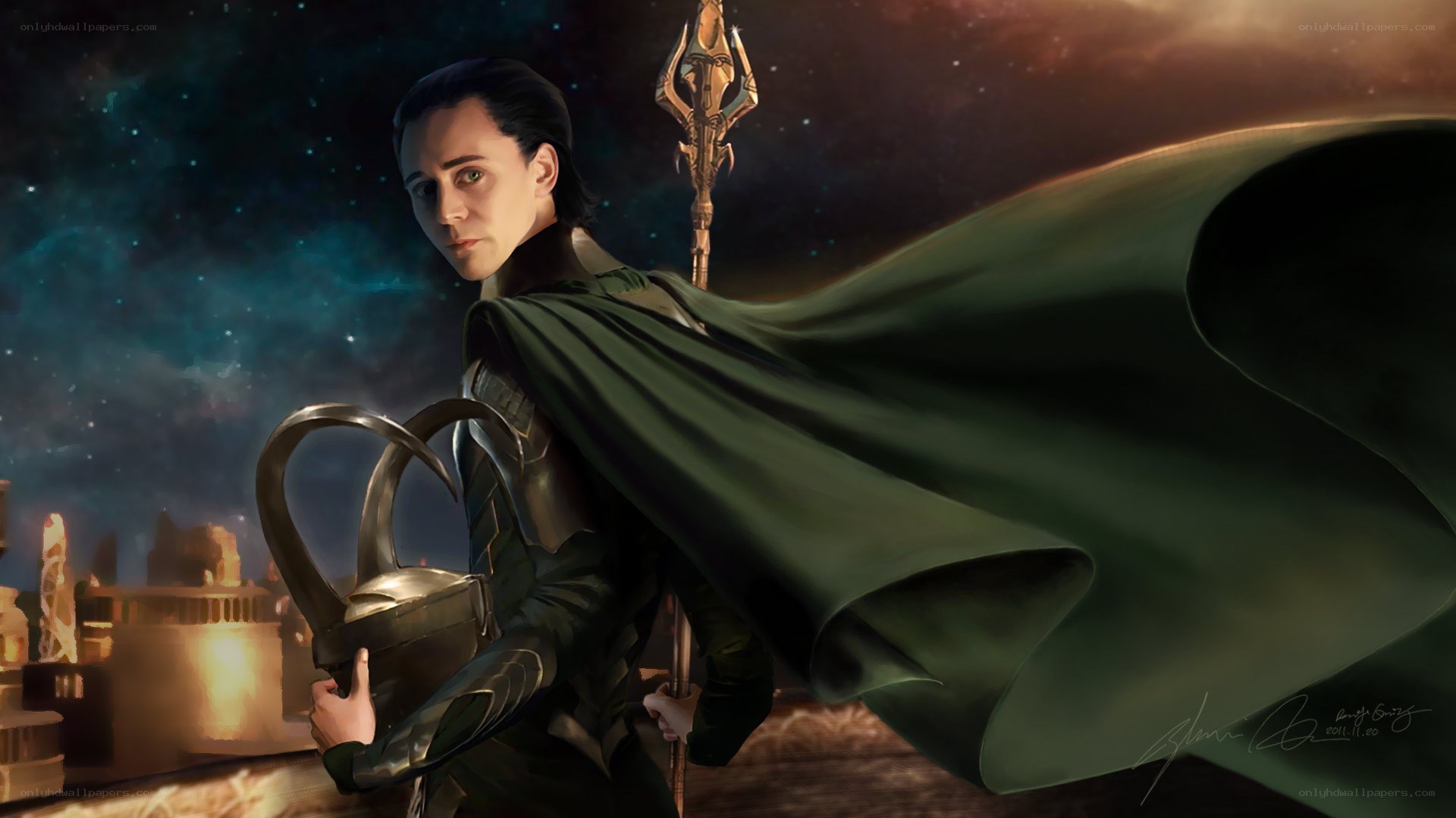 Loki with staff and helmet