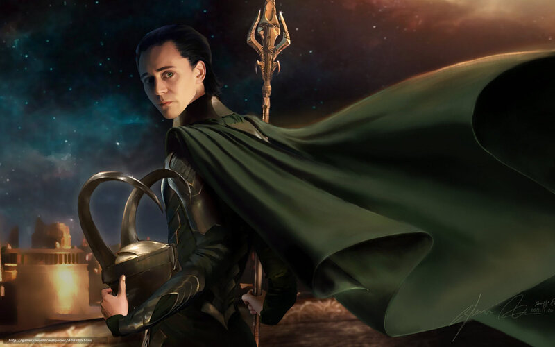 Loki with staff and helmet