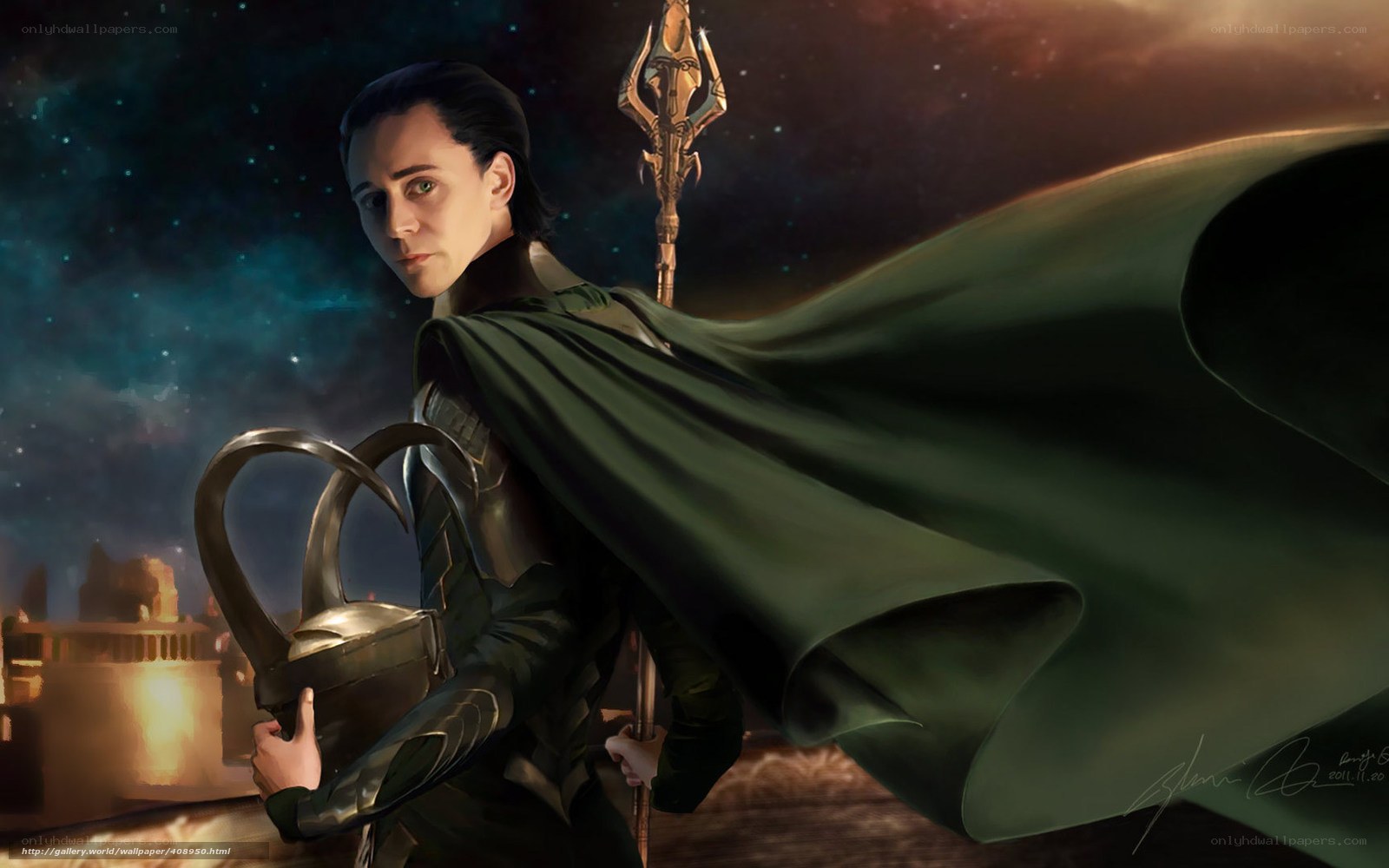 Loki with staff and helmet