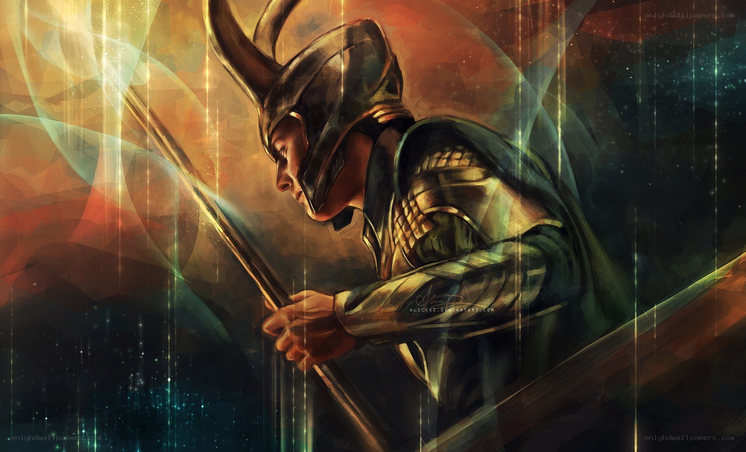 Loki with staff in cosmic scene
