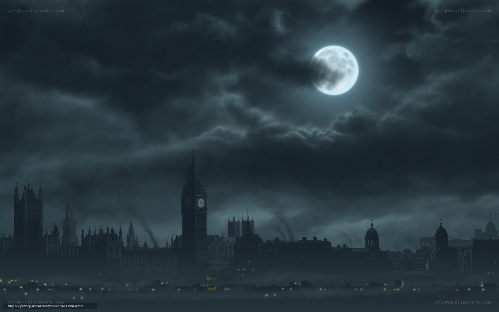 London at night under a full moon