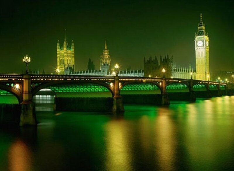 London at night with green lights