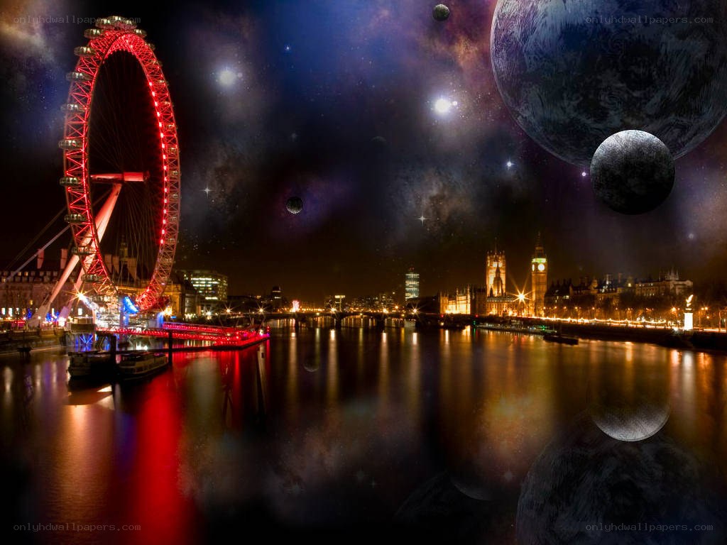 London at night with planets