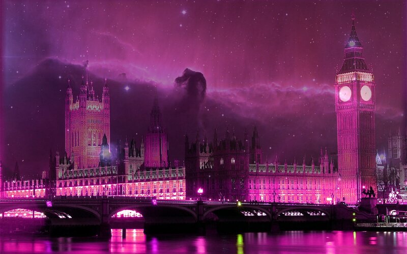 London at night with purple sky
