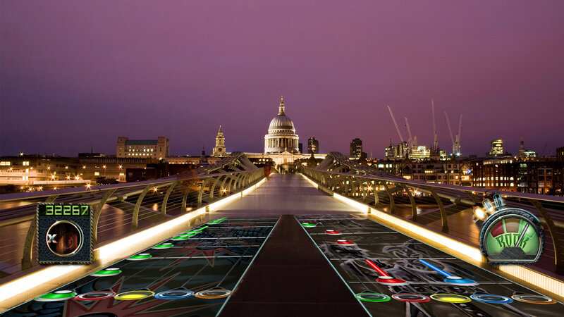 London Bridge at dusk with game overlay