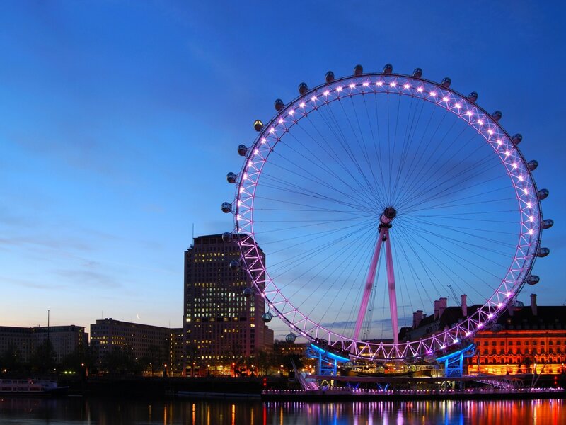 London Eye at Dusk — Blue, Serene, Night, Photograph, River, Buildings, Moon