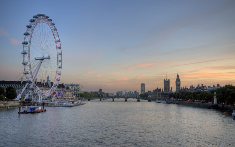 London Eye at Dusk — Blue, Serene, Sunset, Photograph, River Thames