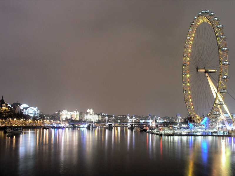 London Eye at Night — Black, Calm, Photograph, River