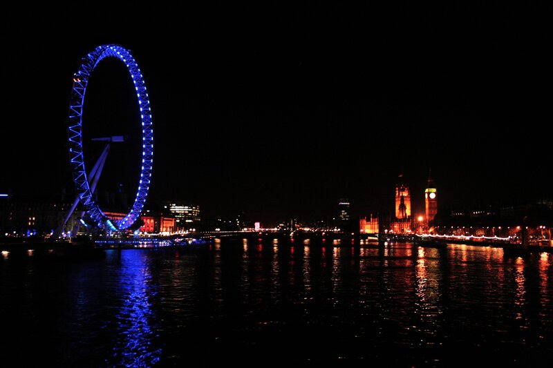 London Eye at Night — Blue, Dark, Photograph