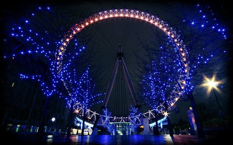 London Eye at Night — Blue, Dramatic, Photograph, Ferris Wheel