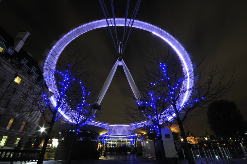 London Eye at Night — Blue, Dramatic, Photograph, Ferris Wheel, Trees