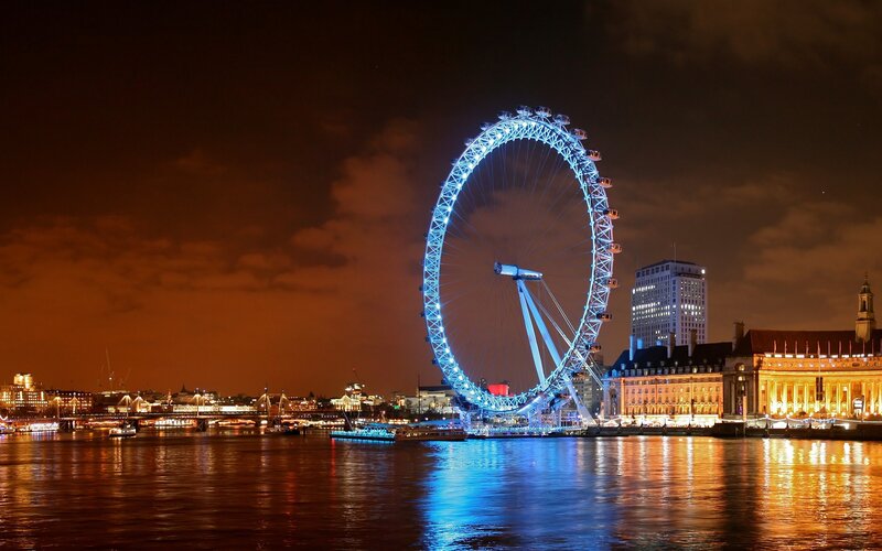 London Eye at Night — Blue, Dramatic, Photograph, River, Buildings, Bridge, Orange, Black