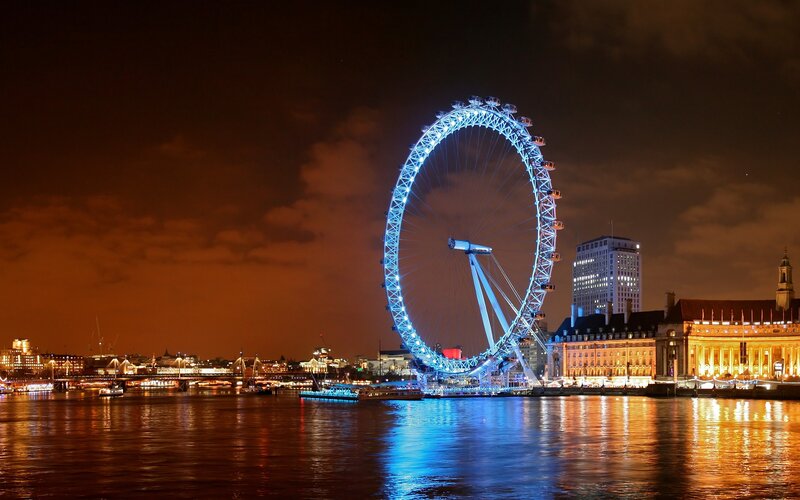 London Eye at Night — Blue, Dramatic, Photograph, River, Buildings, Bridge, Orange